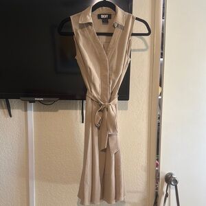 DKNY Tan Midi Sundress with Notched Collar